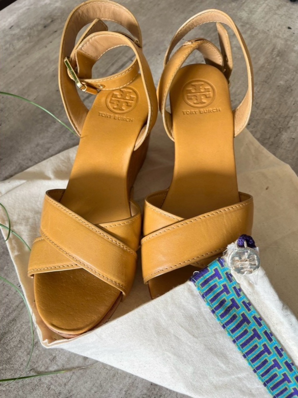Tory Burch Mustard Tan Leather Wedge Sandals